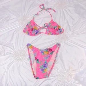 DEADSTOCK NEON PINK & FLORAL HIGH CUT TRIANGLE BIKINI